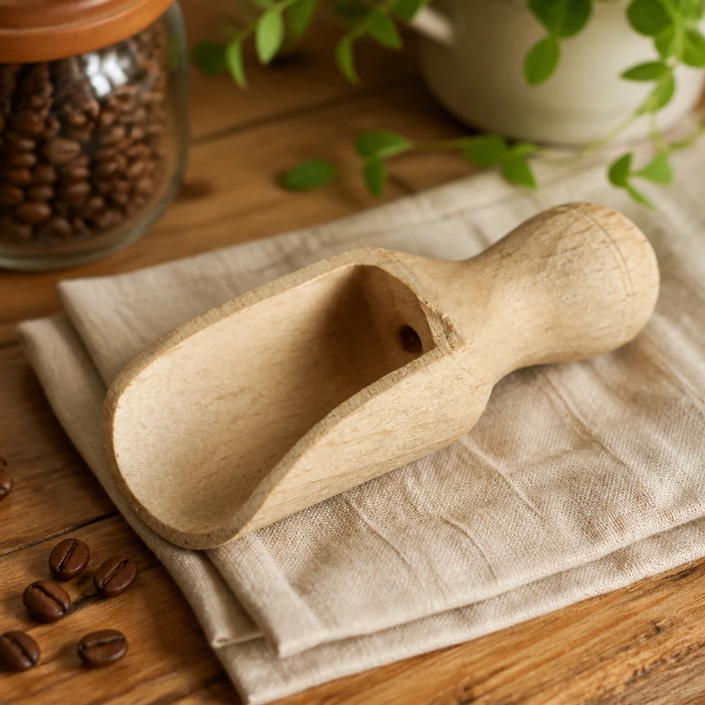 Pala di legno taglia XS a forma semicircolare lunga 5,2 cm Paletta in legno XS 5,2 cm su tela di lino con chicchi di caffè e barattolo di vetro in un ambiente di cucina naturale