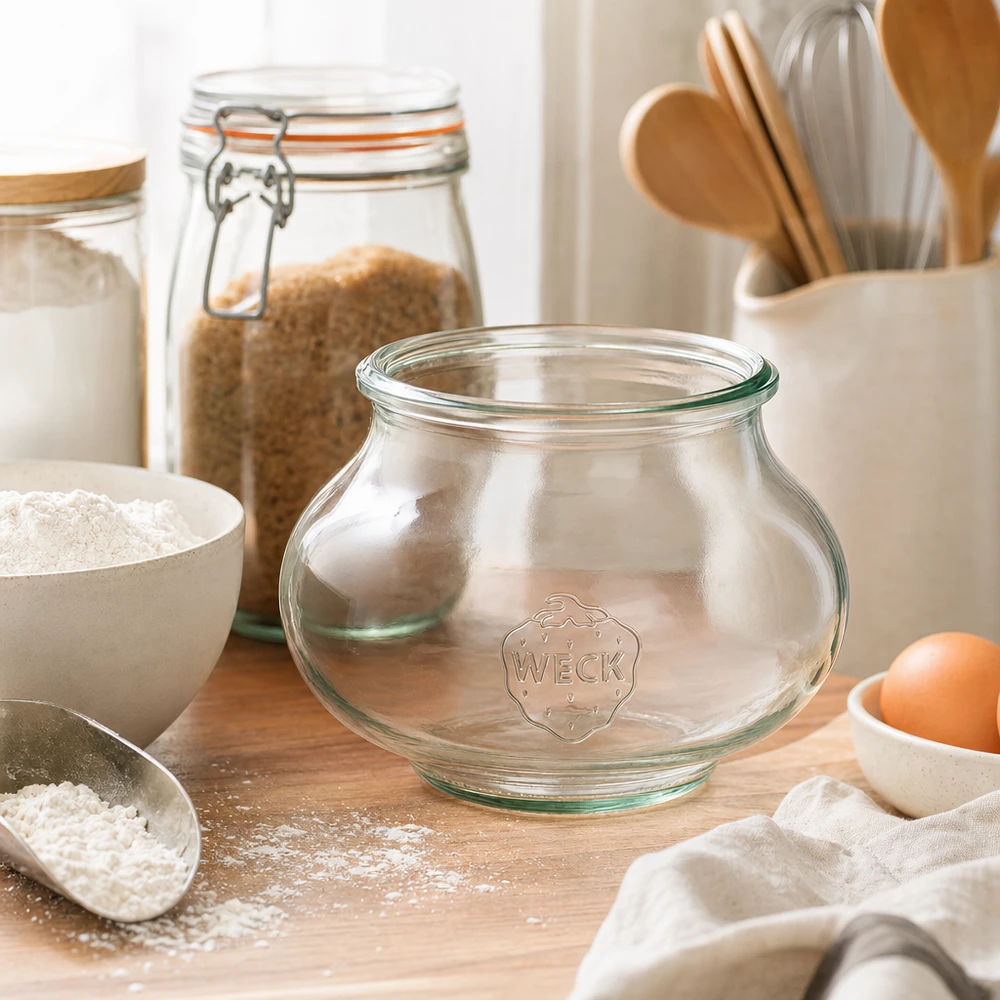 Barattolo di vetro decorativo WECK RR80 da 560 ml WECK vaso decorativo 560ml RR80 vaso vuoto in cucina con ingredienti da forno farina uova e utensili in legno