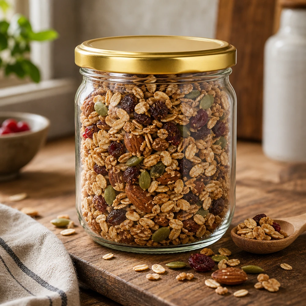 Barattolo di vetro rotondo da 425 ml con coperchio BasicSeal oro UNiTWIST Barattolo rotondo da 425 ml con coperchio dorato pieno di muesli e noci - barattolo per la conservazione di frutta secca e granola