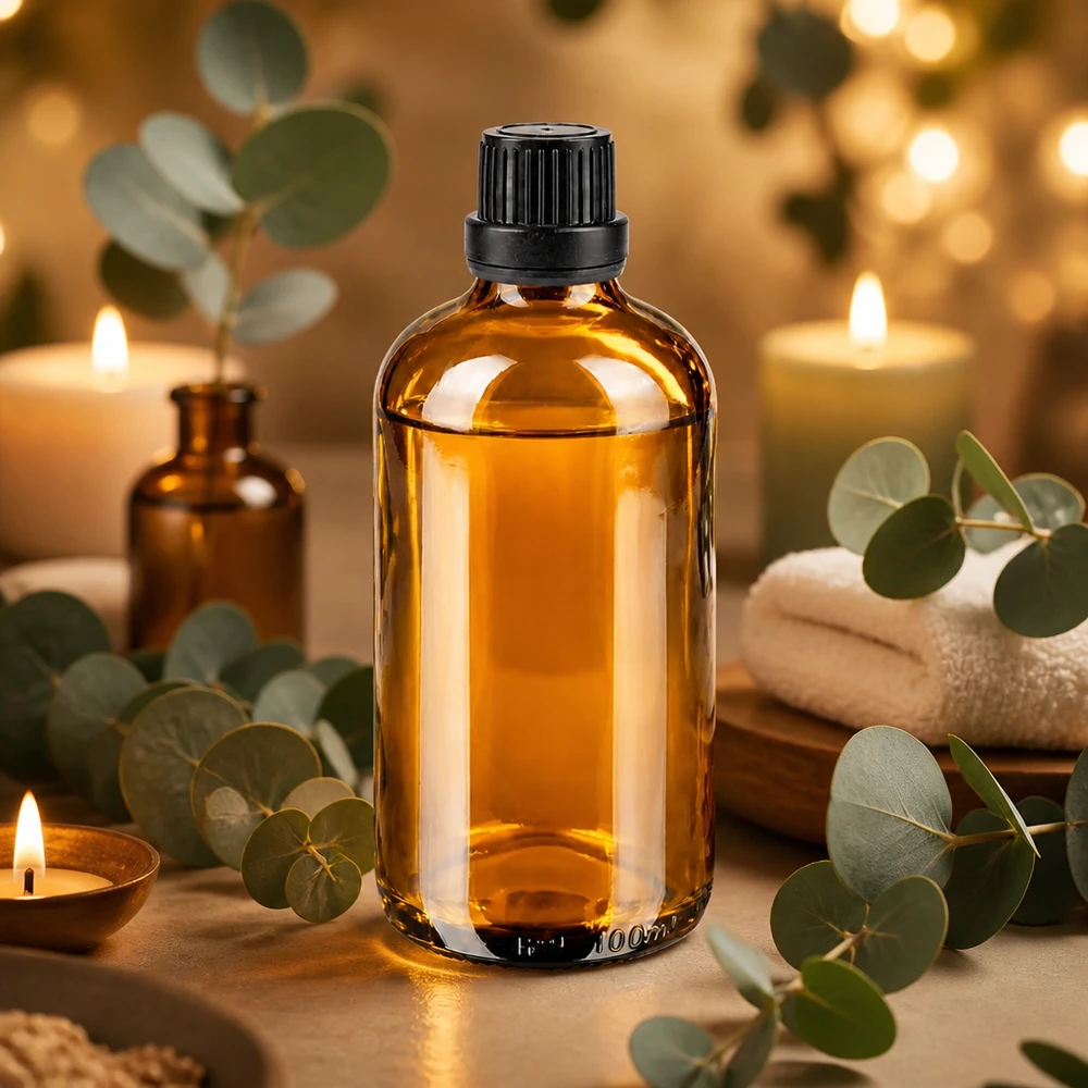Flacon en verre brun de 100 ml avec bouchon d'origine noir et compte-gouttes pour huiles essentielles