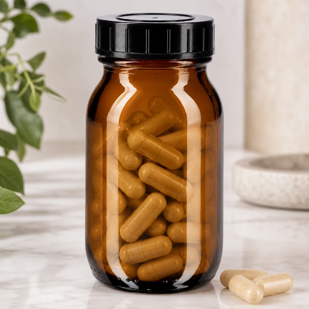 Bottiglia a collo largo da 100 ml in vetro ambrato con tappo a vite
