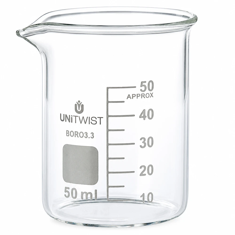 Bicchiere da 50 ml in borosilicato, a basso stampo UNiTWIST Bicchiere da 50 ml in vetro borosilicato, forma bassa con scala graduata, UNiTWIST BORO 3.3, trasparente