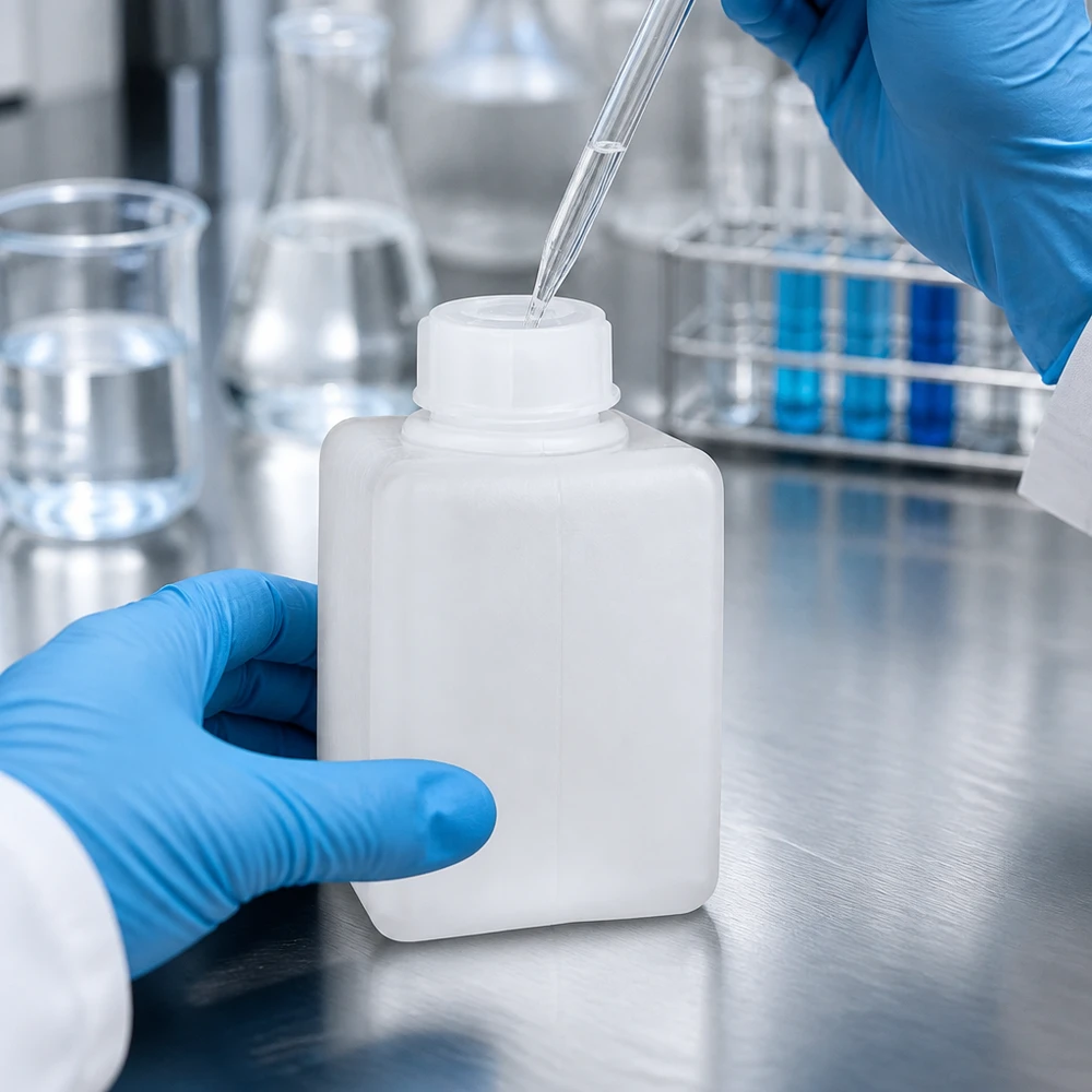 Petit flacon de laboratoire en PE-HD de 100 ml, couleur naturelle, avec bouchon à vis, pour un stockage sûr des produits chimiques