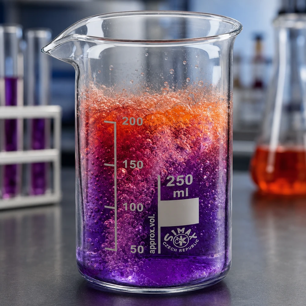 Bicchiere 250ml in vetro borosilicato, forma alta Becher da 250 ml di forma alta con liquido di reazione viola-arancione e formazione di bolle in laboratorio