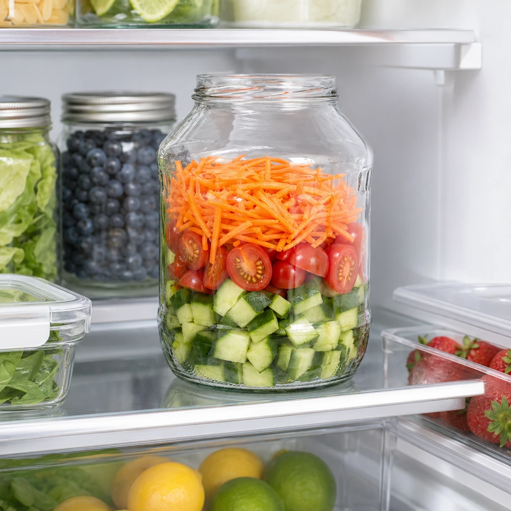 UNiTWIST Runda2650 tumbler 2650ml in frigorifero con insalata a strati di cetrioli pomodori carote Meal Prep