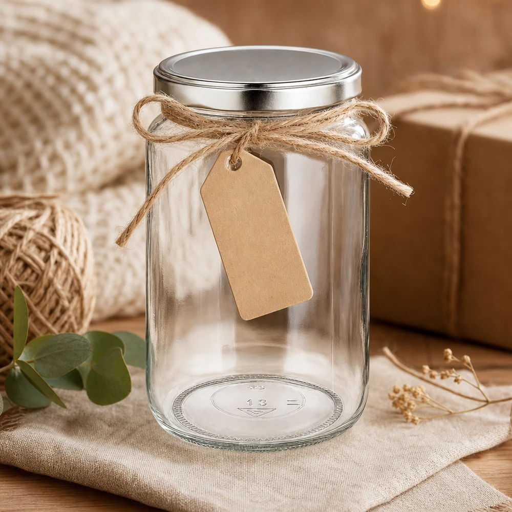795ml Rundglas mit BasicSeal Deckel silber UNiTWIST 795ml Rundglas mit BasicSeal Deckel dekorativ mit Juteschnur und Geschenkanhänger als Geschenkverpackung