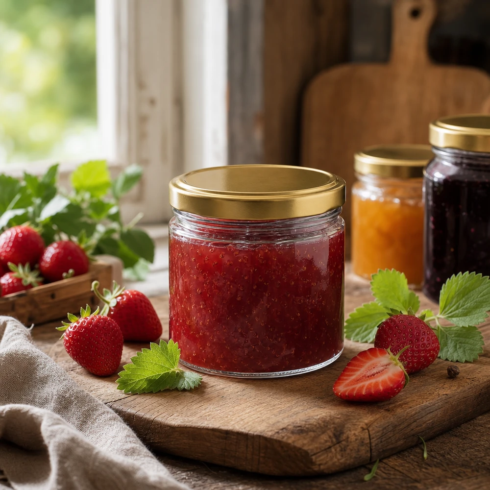 Barattolo rotondo da 540 ml con coperchio BasicSeal oro riempito di marmellata di fragole su una tavola di legno con fragole fresche