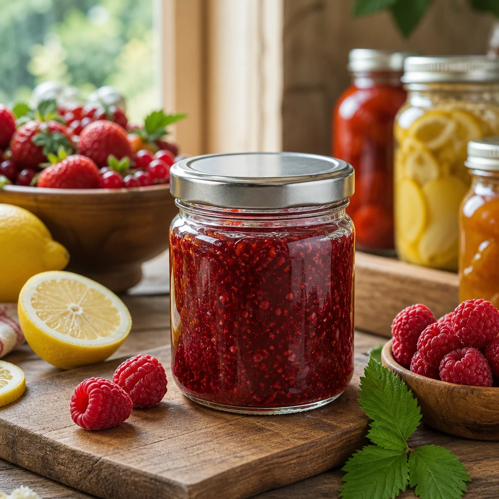 Vaso rotondo da 212 ml con coperchio argentato, riempito di marmellata rossa circondata da frutti di bosco e limoni freschi.