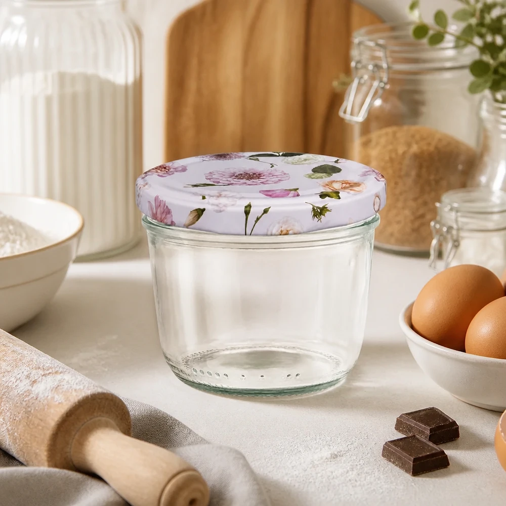 230ml Sturzglas + BasicSeal Deckel Blume rosa UNiTWIST Leeres 230ml Sturzglas mit BasicSeal Deckel rosa Blumenmuster in Küchenszenerie mit Backzutaten und Küchenhelfer