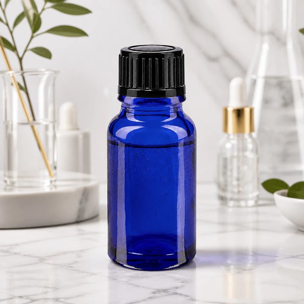 Apothekenflasche blau 10ml Tropfverschluss 1mm schwarz Standard Dunkelblaue 10ml Glasflasche mit schwarzem Schraubdeckel für lichtempfindliche Substanzen