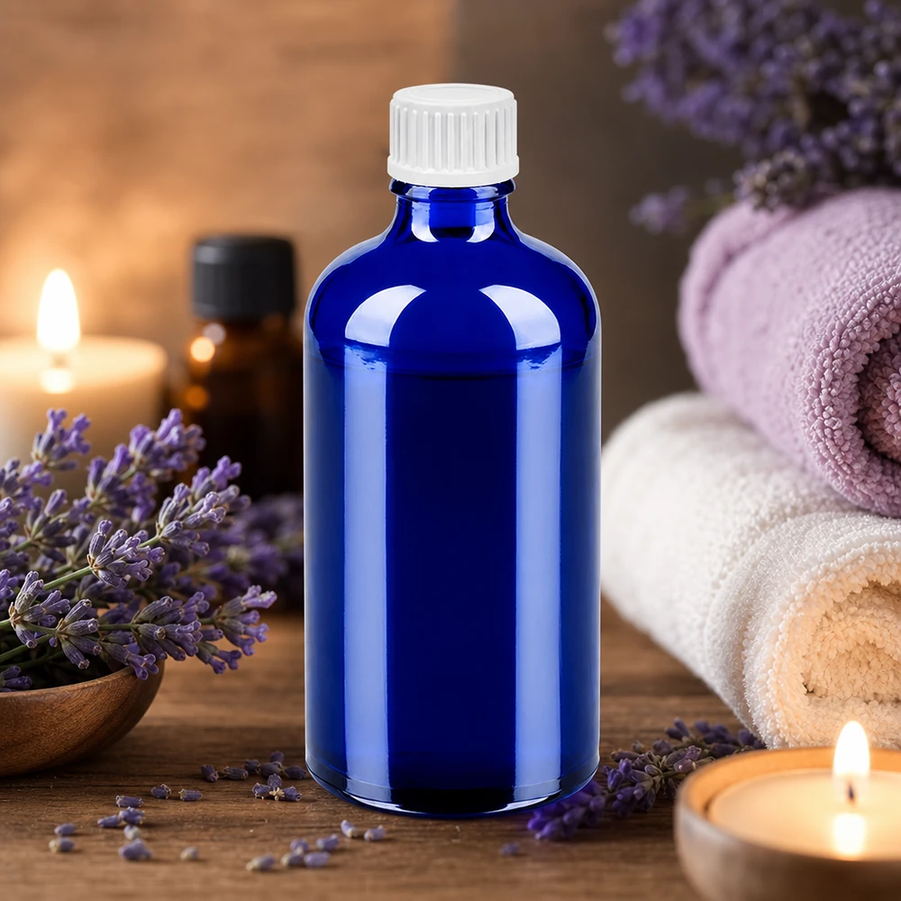 100ml Tropfflasche 0.9mm weiß Standardverschluss BlueLine UT18/100 STD BlueLine Glasflasche 100ml blau mit 0,9mm Tropfer weiß für pharmazeutische Anwendung