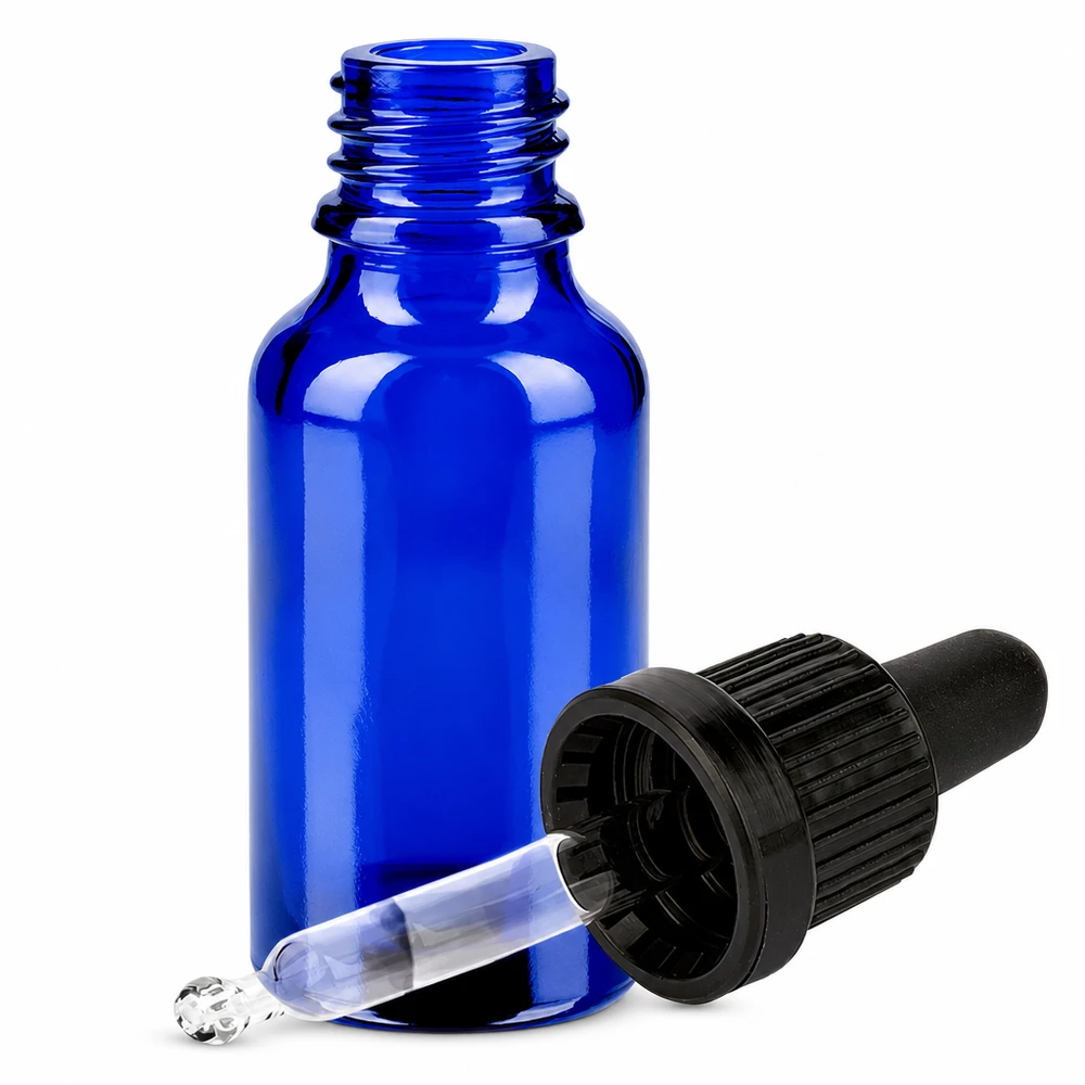 Flacone per pipette da 20 ml nero OV BlueLine UT18/20 Elegante flacone in vetro blu da 20 ml con attacco per pipetta ideale per l'aromaterapia e la cosmesi naturale