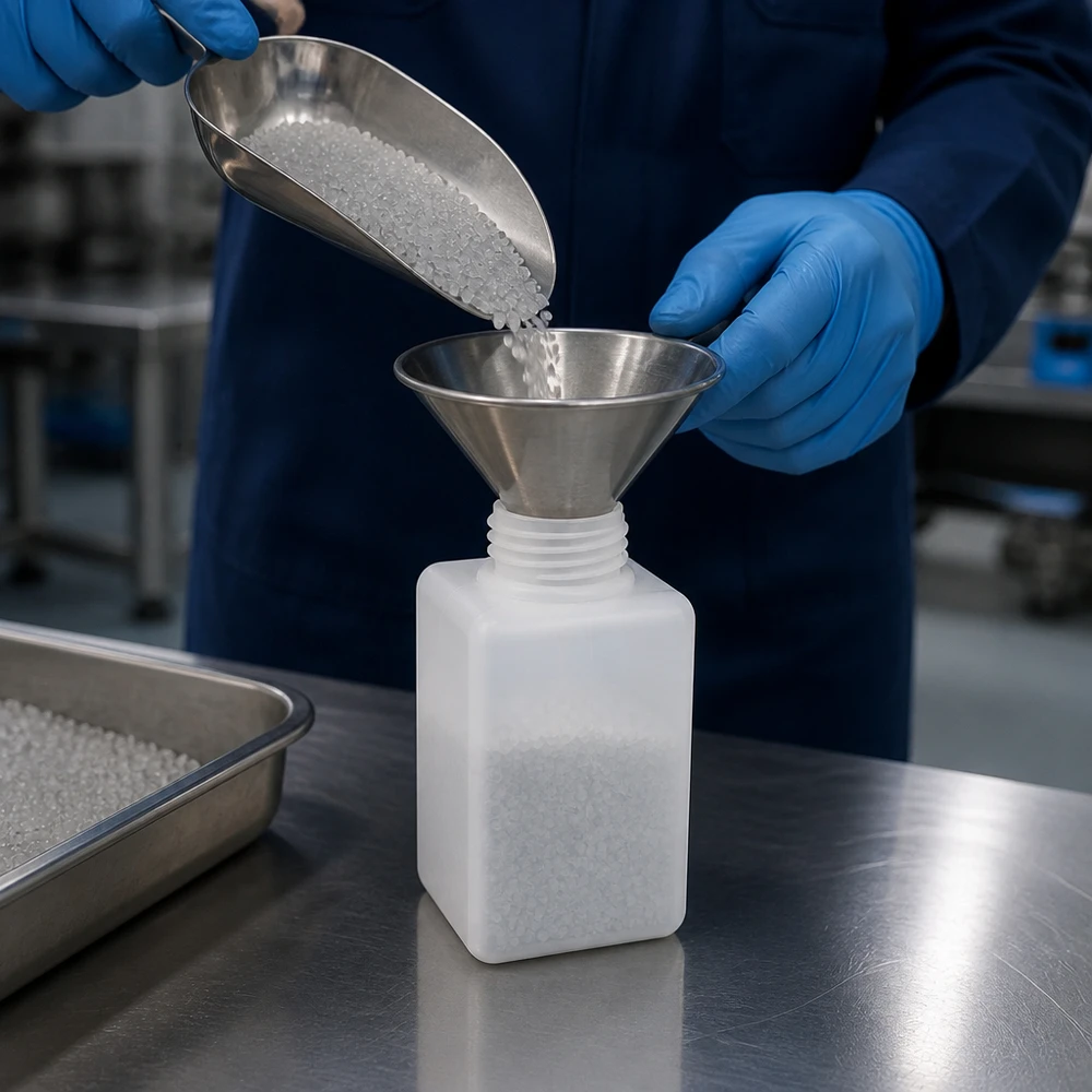 Flacon à produits chimiques 100 ml à col étroit, PEHD couleur naturelle, GL 25 Petit récipient : flacon pour produits chimiques de 100 ml en PE-HD GL 25, destiné aux granulés, poudres et matières solides