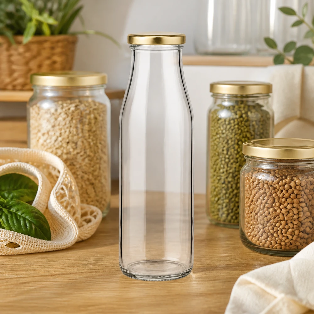 500ml Glasflasche + BasicSeal Deckel gold UNiTWIST 500ml Glasflasche BasicSeal gold in moderner Küche zwischen Vorratsgläsern mit Hülsenfrüchten Zero Waste Lifestyle