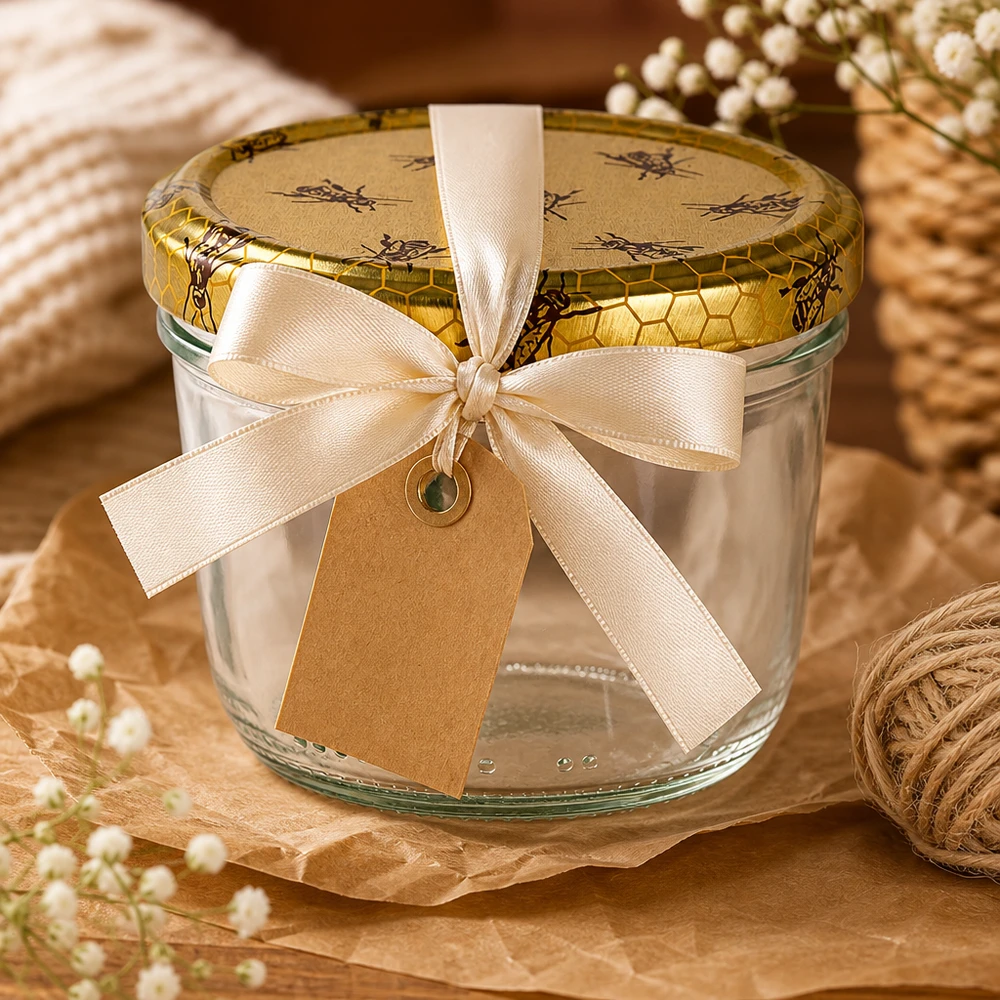 230ml Sturzglas + BasicSeal Deckel Bienenwabe UNiTWIST Leeres 230ml Sturzglas mit Bienenwaben-Deckel als Geschenk dekoriert mit cremefarbener Schleife und Anhänger