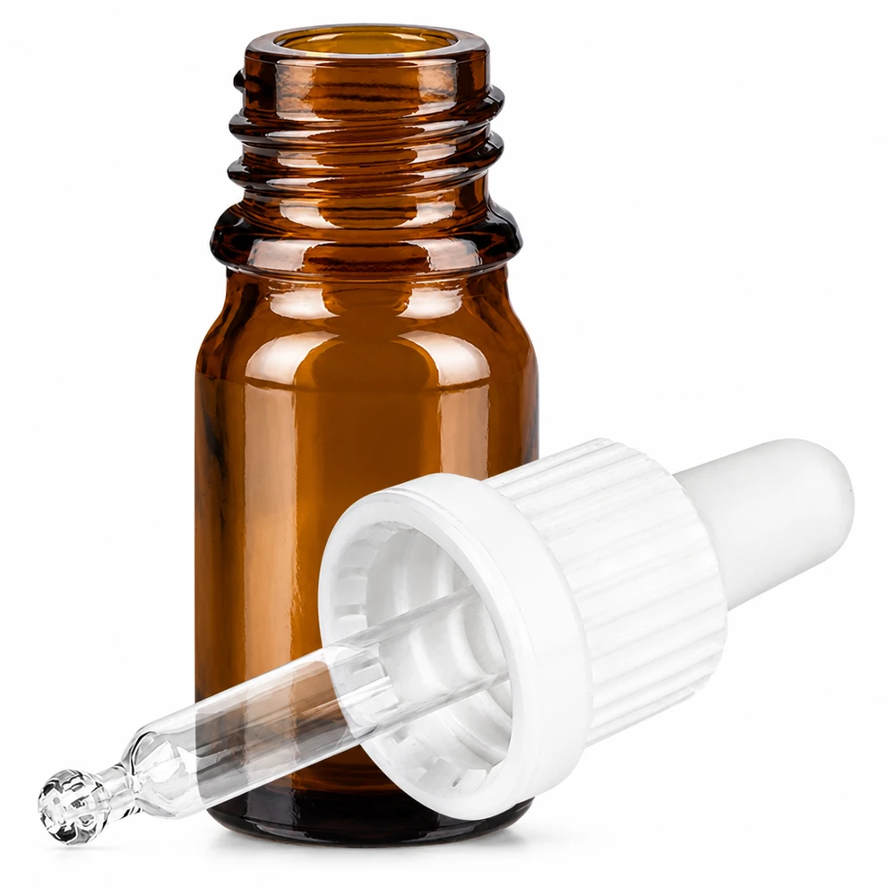 Flacon à pipette 5ml blanc OV BrownLine UT18/5 Flacon en verre brun de 5ml avec pipette et bouchon OV BrownLine pour une utilisation professionnelle