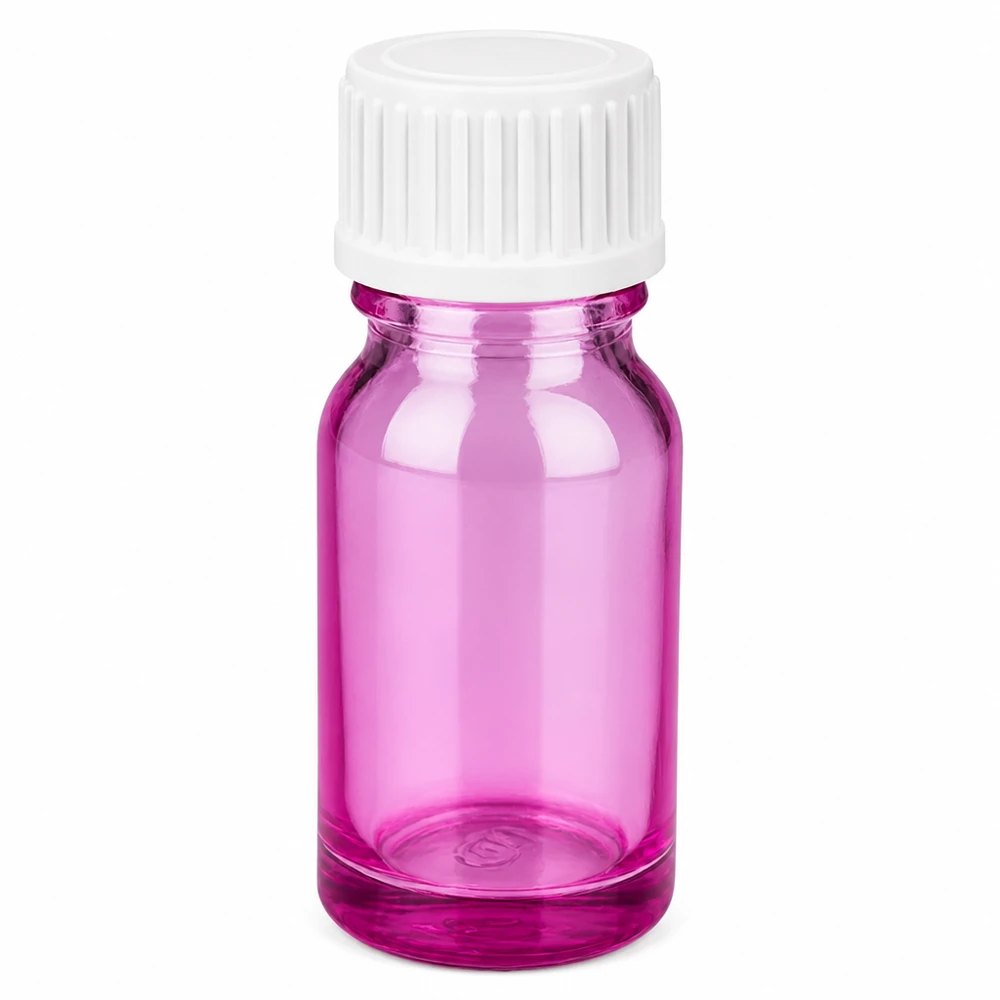 10ml (Globuli)Flasche.. 3mm Giessring weiß Standard PurpleLine. UT18/10 10ml Flasche aus violettem Glas mit weißem Verschluss für präzise Dosierung von Ölen