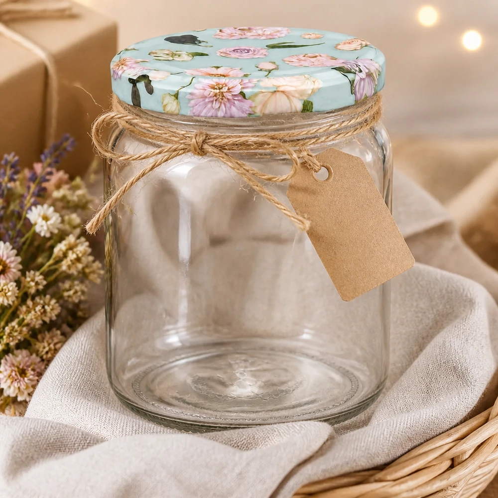 Barattolo rotondo da 408 ml + coperchio BasicSeal flower mint UNiTWIST Vaso rotondo da 408 ml vuoto con coperchio BasicSeal fiore di menta decorato con cordino di iuta e ciondolo in cesto di vimini