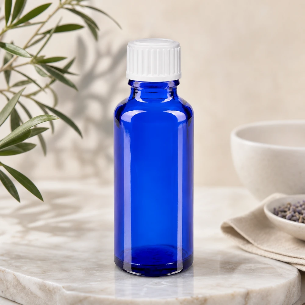Apothekenflasche blau 30ml Schraubverschluss weiß Standard Kleine blaue 30ml Glasflasche mit weißem Verschluss für ätherische Öle und Essenzen