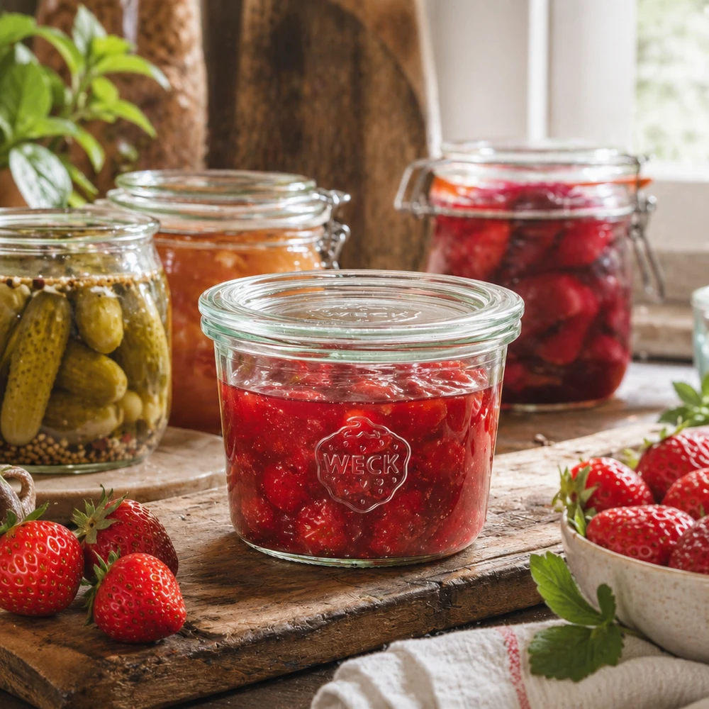 WECK Sturzglas 80ml RR60 mit Erdbeermarmelade gefüllt auf rustikalem Holzbrett mit frischen Erdbeeren und Einmachgläsern