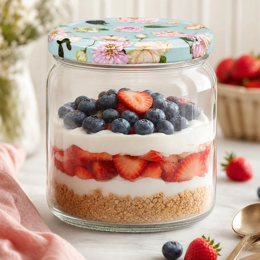 425ml Rundglas + BasicSeal Deckel Blume mint UNiTWIST 425ml Rundglas mit BasicSeal Deckel Blume mint als Dessertglas - Schichtdessert mit Beeren und Sahne im Einmachglas