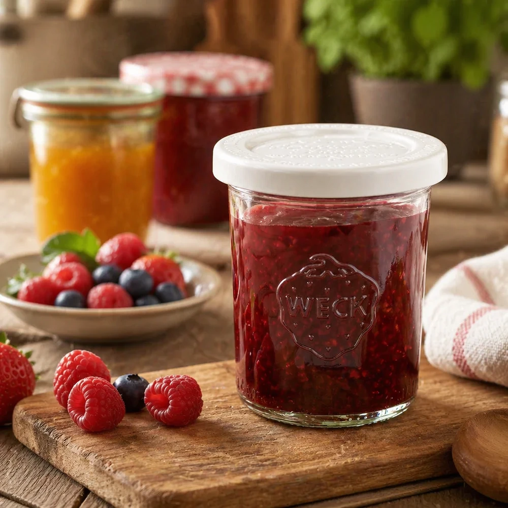 Vaso di vetro da 160 ml con coperchio salva-freschezza WECK RR60 Bicchieri WECK 160ml RR60 riempiti di marmellata di bacche rosse su una tavola di legno accanto a lamponi e mirtilli freschi