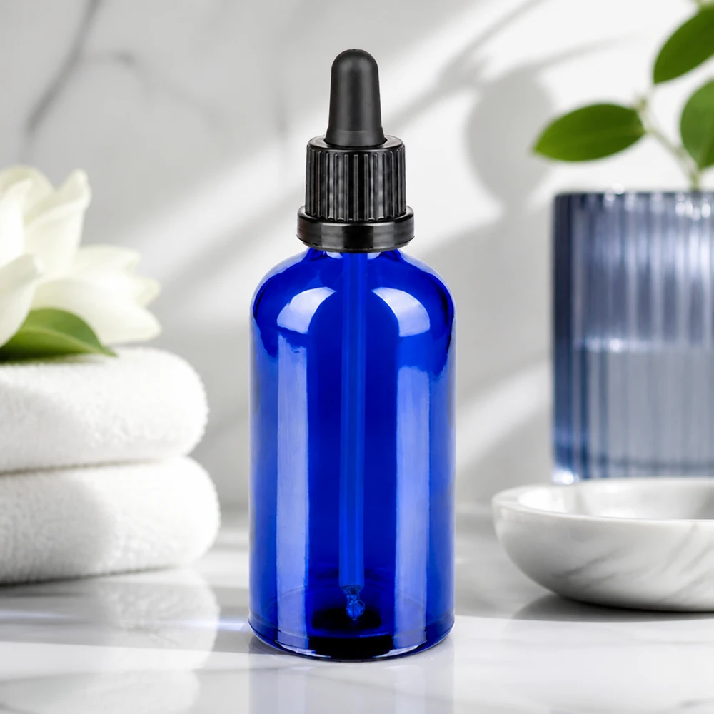Flacone per pipette da 100 ml nero OV BlueLine UT18/100 Pratico flacone a pipetta da 100 ml in vetro blu con tappo contagocce nero ergonomico