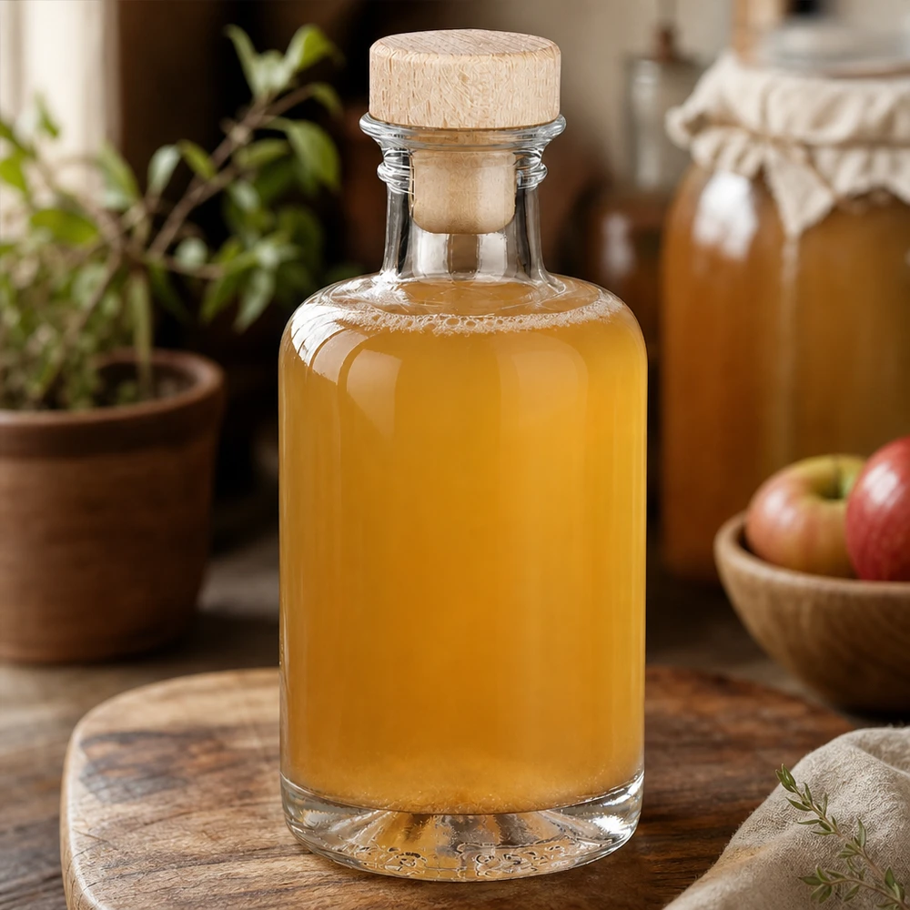 Flacone farmaceutico da 100 ml Sofia con tappo in sughero con impugnatura in legno UNiTWIST® 100ml Glasflasche Sofia mit Holzkorken gefüllt mit Apfelsaft neben Äpfeln in warmer Küchen-Atmosphäre Lifestyle