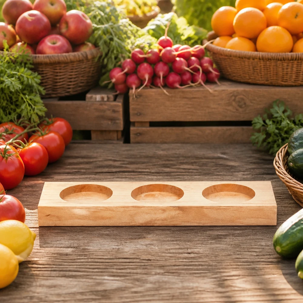 Tagliere Plano3 per 3 barattoli WECK Tavola da portata in legno Plano3 tra frutta e verdura fresca su un tavolo di legno rustico in stile mercato contadino