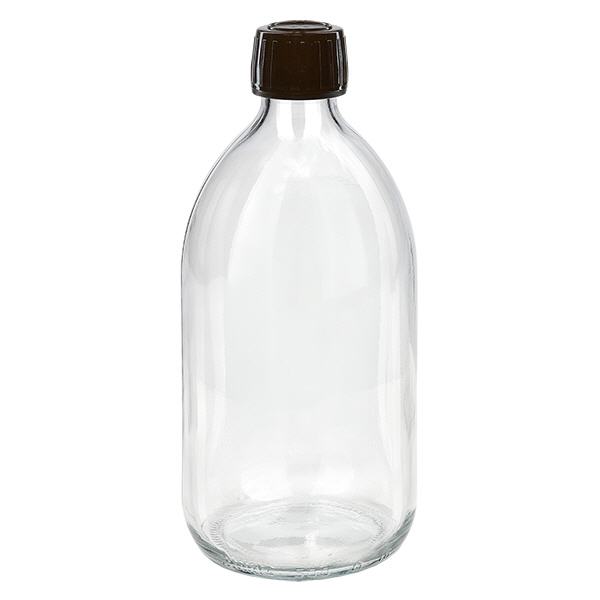 Flacone per medicinali trasparente da 500 ml, tappo marrone con chiusura antimanomissione Flacone per medicinali trasparente da 500 ml, tappo marrone con chiusura antimanomissione