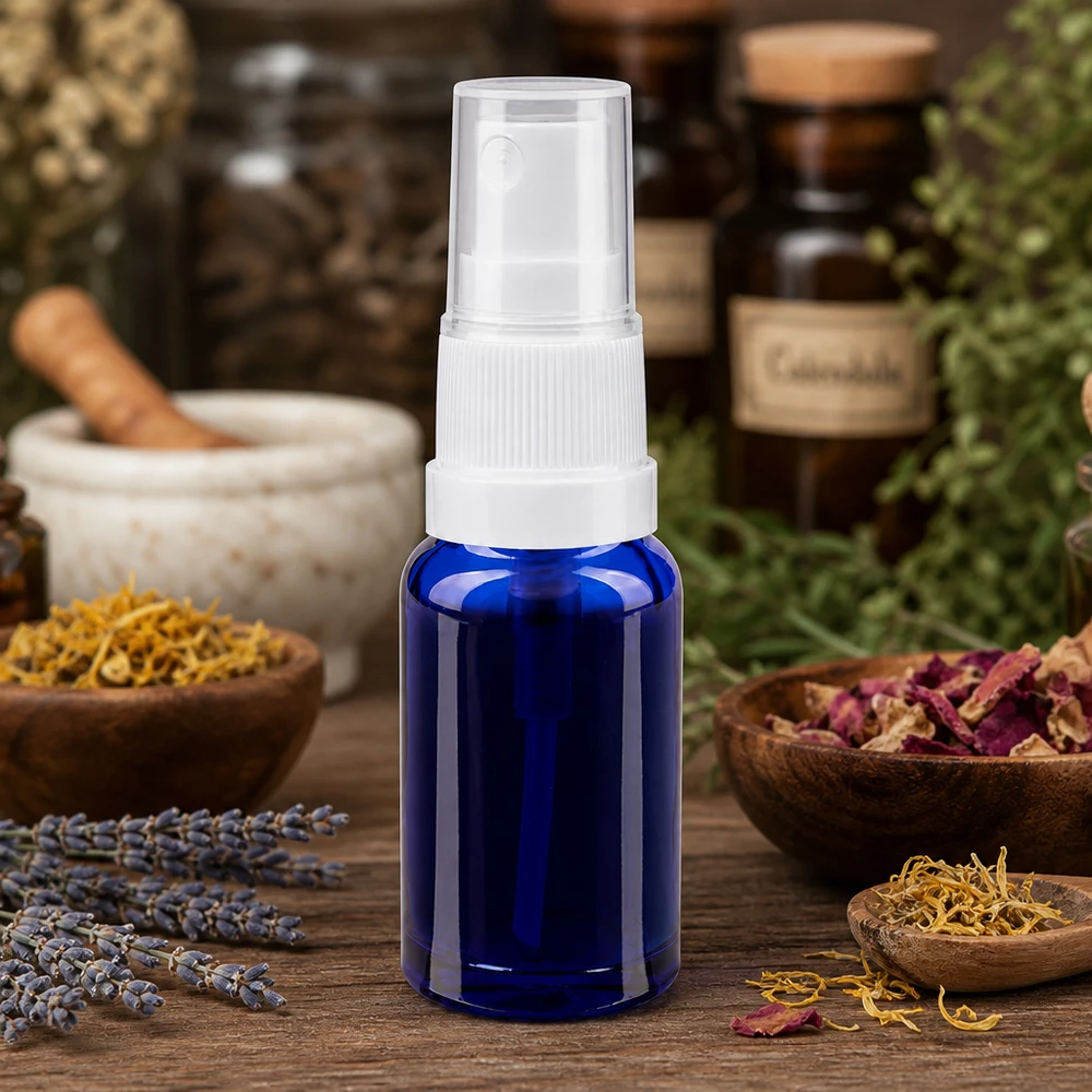 Apothekerflasche 10ml in Blau mit Feinstaubzerstäuber für Toner Hydrolate und Pflanzenwasser