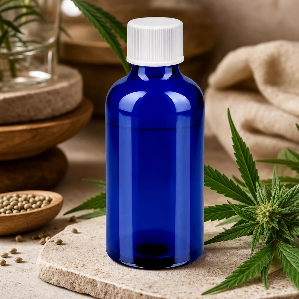 50ml Flasche 11mm Schraubverschluss weiß Standard BlueLine UT18/50 Robuste 50ml Glasflasche in Kobaltblau mit hygienischem weissen Kunststoffverschluss