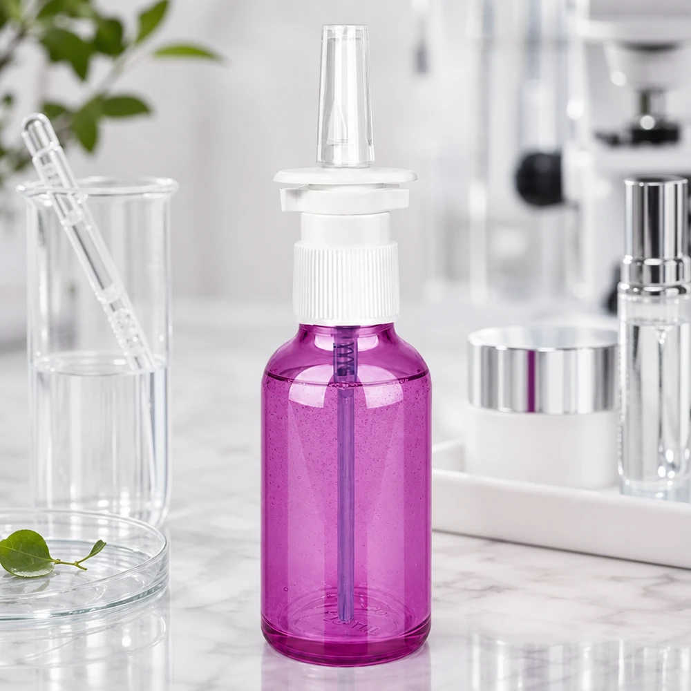 30ml Nasensprayflasche weiß/transparent Standard PurpleLine. UT18/30 Ergonomische Nasensprayflasche 30ml Inhalt mit praktischem weißem Sprühaufsatz in trendigem Purple-Finish