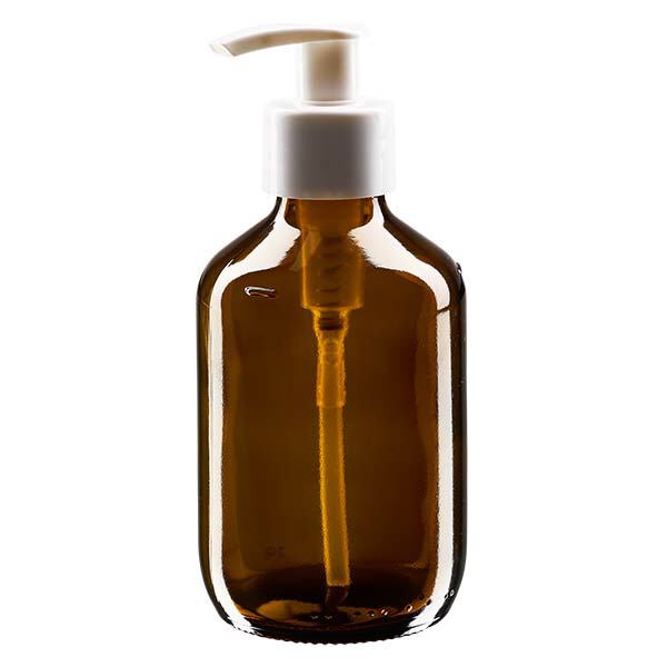 Flacone per medicinali da 200 ml marrone, con pompa dosatrice bianca ApoGlas Flacone per medicinali da 200 ml marrone, con pompa dosatrice bianca ApoGlas