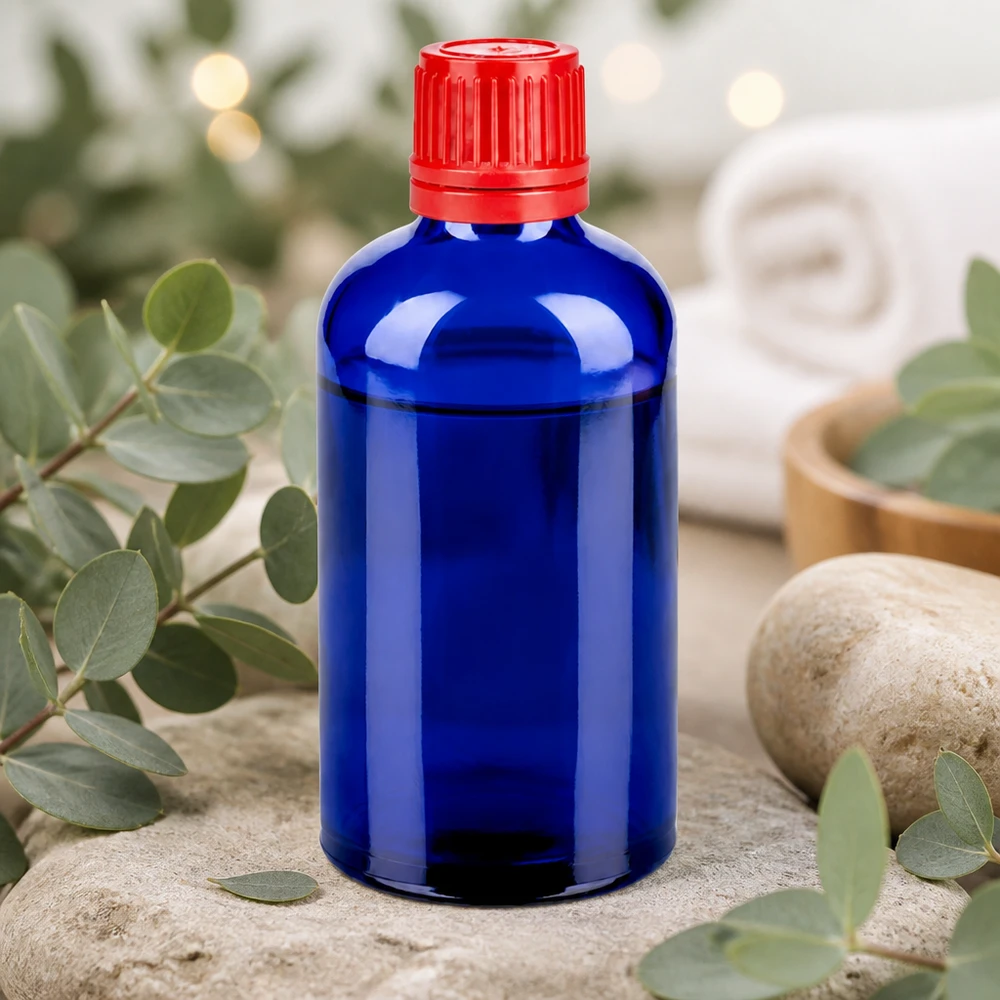Bottiglia da 100ml 11mm SV rosso OV BlueLine UT18/100 Bottiglia in vetro BlueLine da 100 ml con protezione UV grazie al vetro blu cobalto e al tappo di sicurezza