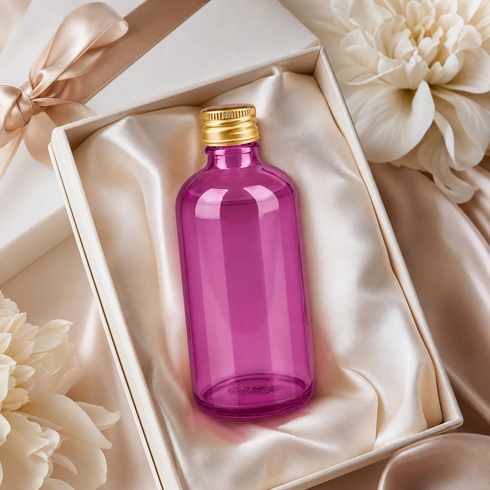 Bottiglia in vetro viola da 100 ml dal design standard con coperchio metallico per uso professionale
