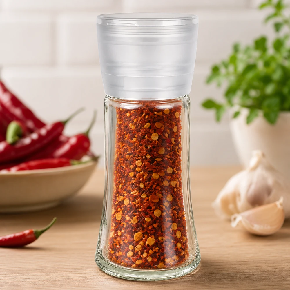 Pot à sel/épices 95 ml avec moulin Vario blanc Salzmühle Vario 95ml mit Chiliflockenfüllung zwischen frischen Zutaten auf Holztisch