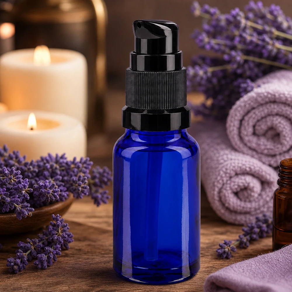 Apothekenflasche blau 10ml PumpVerschluss schwarz Standard UV-schützendes blaues Glasfläschchen 10ml mit schwarzer Pumpe für Naturkosmetik