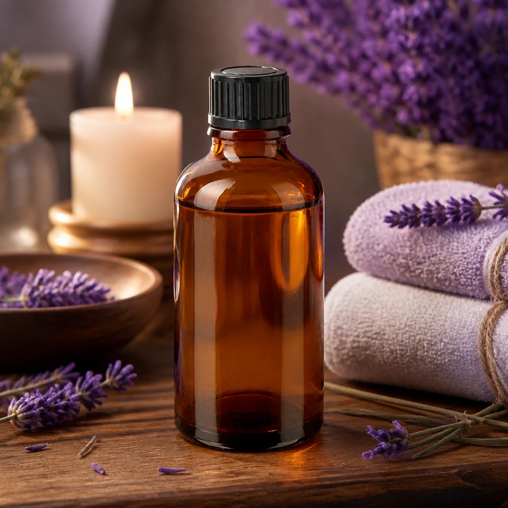 Bouteille en verre BrownLine de 50 ml avec protection UV et bouchon standard noir pour les huiles sensibles à la lumière