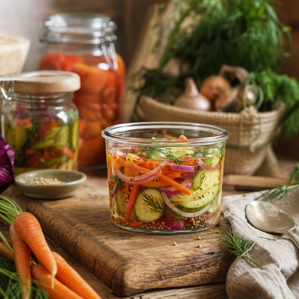 Bocal WECK RR40 de 35 ml WECK Sturzglas 35ml mit eingelegtem Gemüse auf Holzbrett, Einmachglas für Fermentation und Konservierung