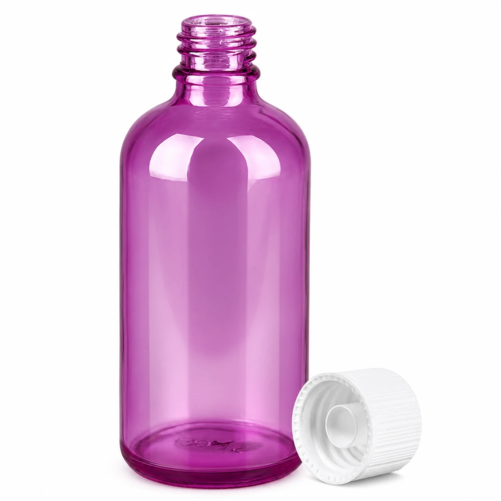Flacone da 100 ml con tappo a vite bianco standard PurpleLine UT18/100 Bottiglia in vetro viola soffiato a bocca da 100 ml con protezione UV per sostanze sensibili alla luce