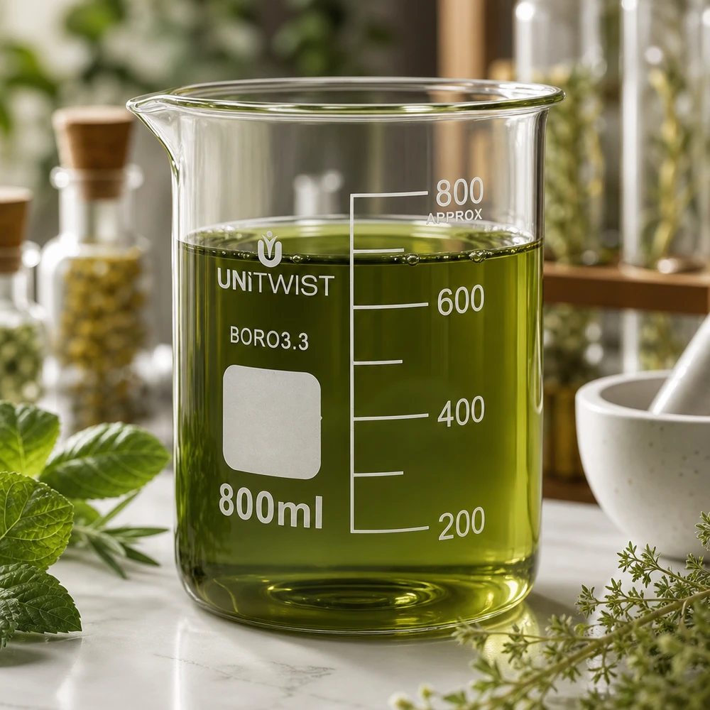 Bicchiere UNiTWIST da 800 ml in vetro borosilicato, forma bassa, con estratto di erbe verde circondato da erbe fresche