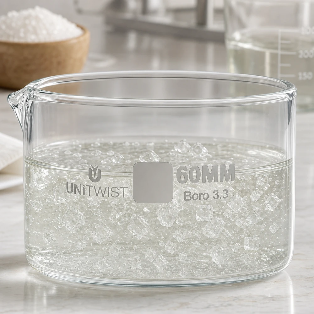 Kristallisierschale ø60mm Borosilikatglas UNiTWIST Kristallisierschale UNiTWIST Boro 3.3 mit superabsorbierenden Polymerkristallen in Wasser