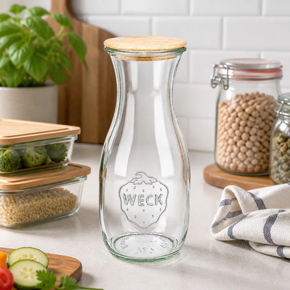 530ml Saftflasche WECK RR60 mit Holzdeckel WECK Saftflasche 530ml RR60 mit Holzdeckel in moderner Küche neben Gemüse und Hülsenfrüchten als Vorratslösung