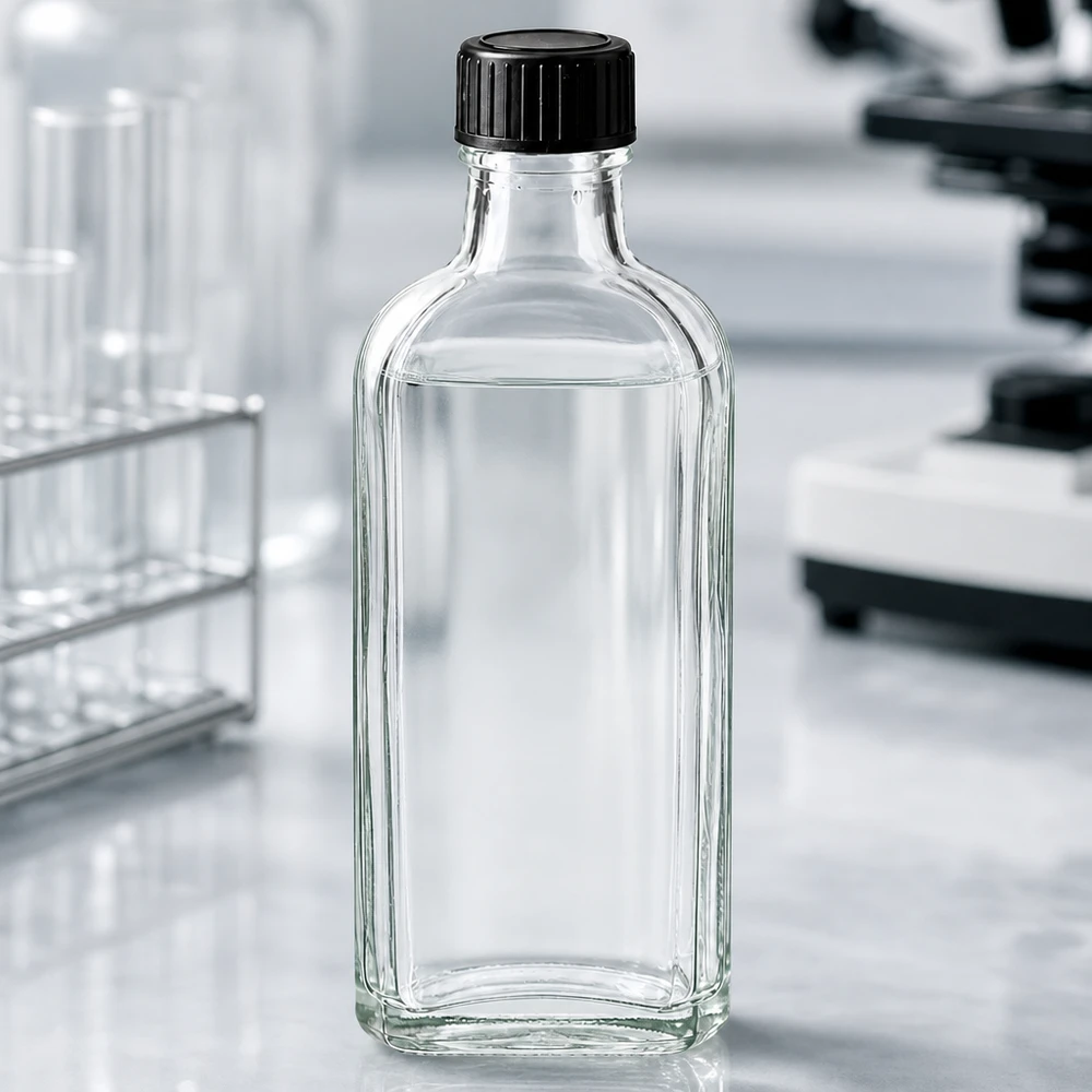100 ml Meplat klar Schraubverschluss mit LKD-Dichtscheibe Flachflasche 100ml aus Klarglas mit schwarzem Schraubdeckel und LKD-Dichtscheibe für Chemikalien