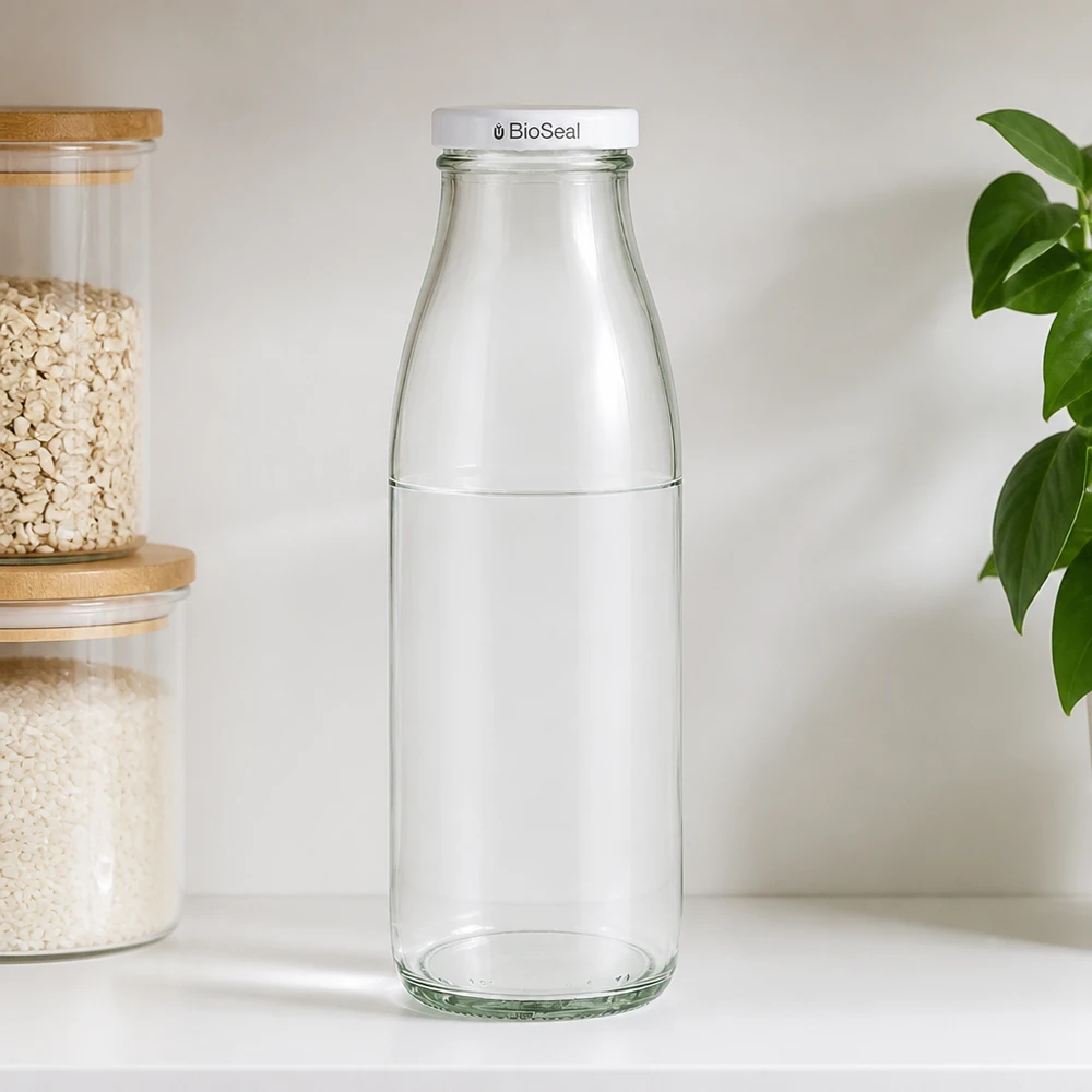 500ml Glasflasche + BioSeal Deckel weiß UNiTWIST 500ml Glasflasche mit BioSeal Verschluss in Küchenumgebung, neben Vorratsgläsern mit Müsli und grüner Pflanze