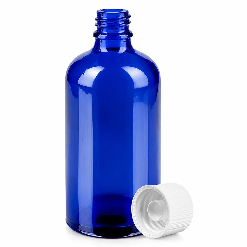 100ml Flasche 11mm Schraubverschluss weiß Standard BlueLine UT18/100 Stilvolle kobaltblaue 100ml Glasflasche mit weißem Schraubverschluss für DIY Kosmetikherstellung