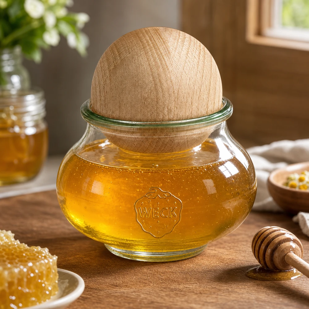 Vaso per gioielli WECK RR80 da 560 ml con sfera in legno di faggio WECK barattolo per miele 560ml RR80 palla di faggio coperchio in legno riempito con miele cucchiaio a nido d'ape accessori da cucina