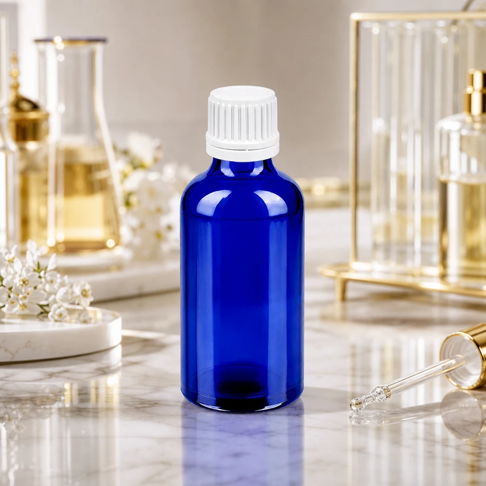Flacone da laboratorio professionale da 50 ml in blu scuro con tappo antimanomissione
