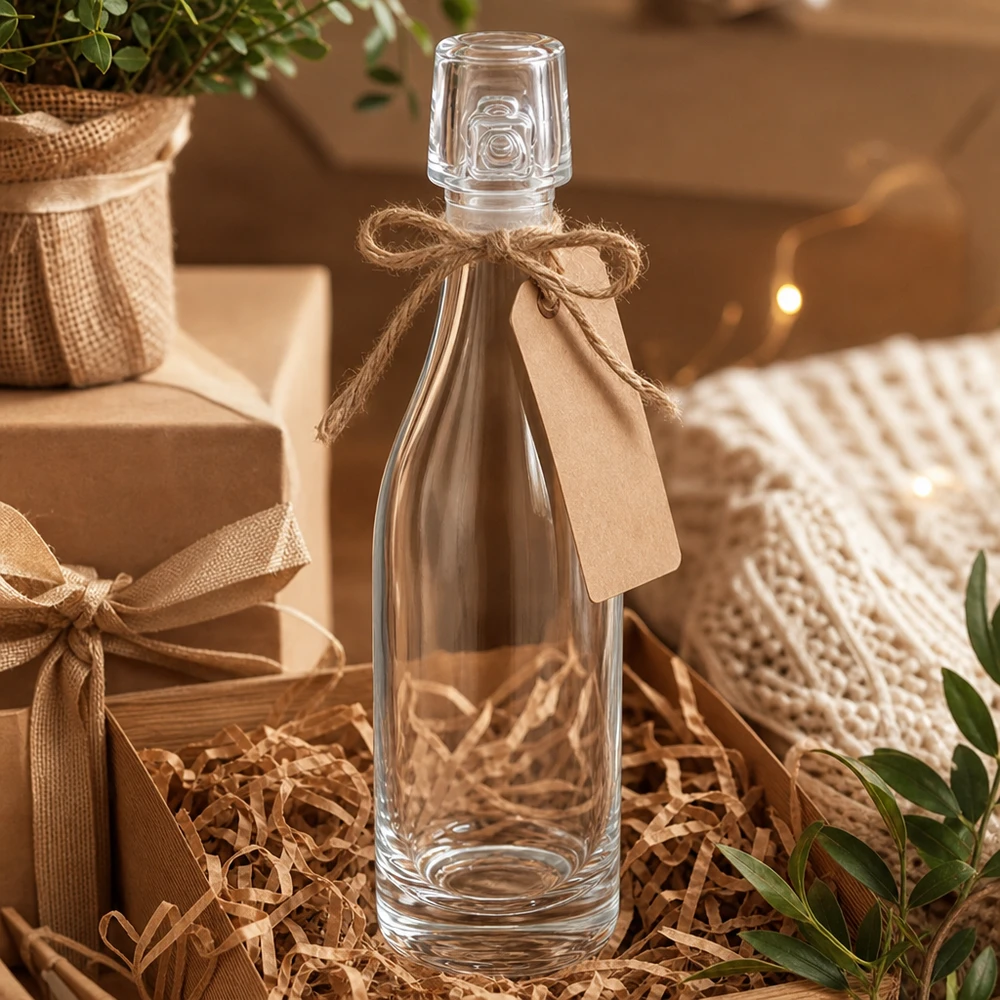 Bottiglia di vetro da 50 ml UNiTWIST in confezione regalo con cordino di iuta e cartellino in confezione regalo con cannuccia